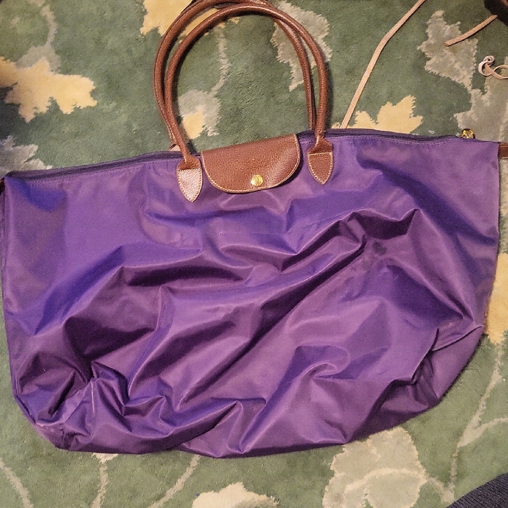 Longchamp Purple Tote with Brown Handles